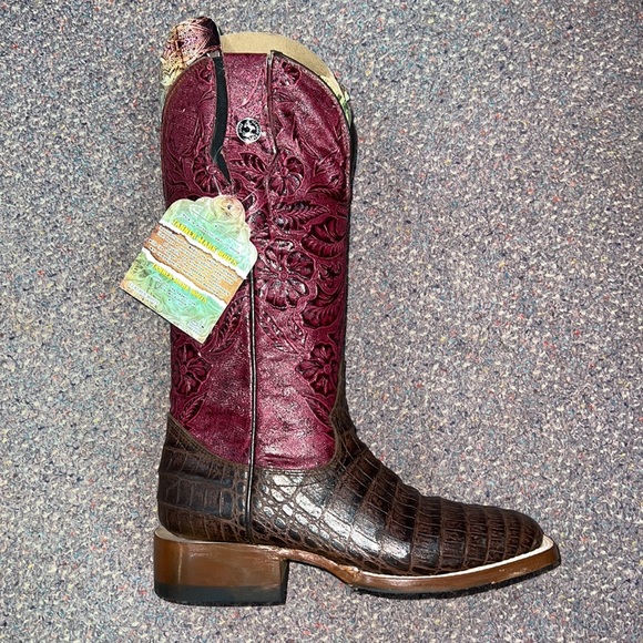 Tanner Mark Boots Cowgirl Red Brown Tooled Leather Style